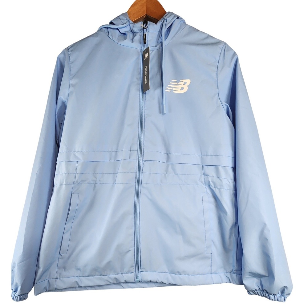 New Balance Windbreaker Jacket Women Medium Blue Fleece Lined Hooded NWT